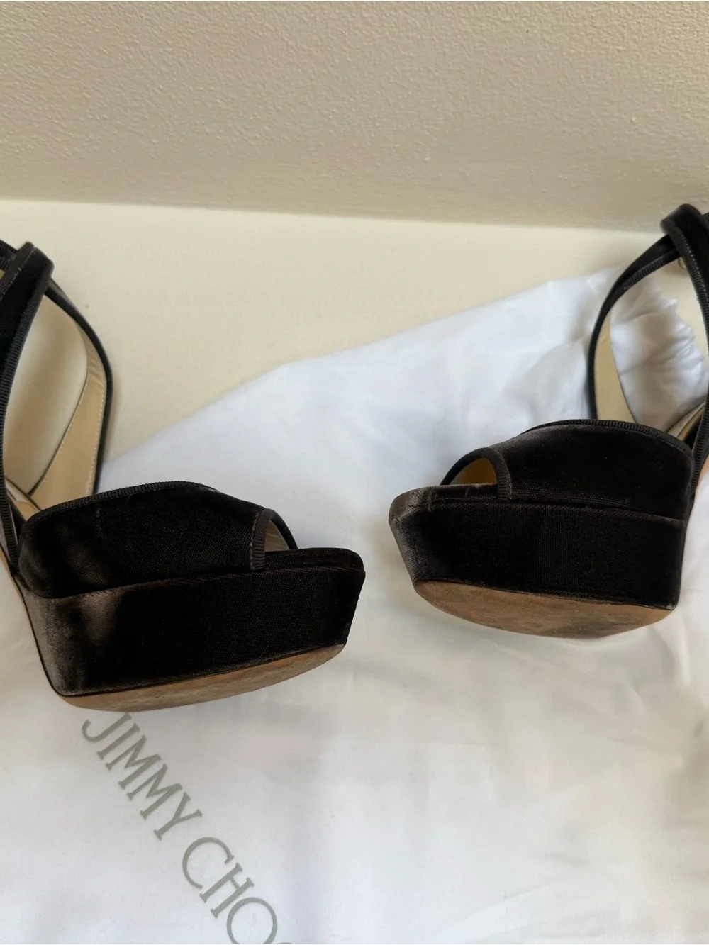 Jimmy Choo Black Velvet Platform Sandals with Crisscross Straps
